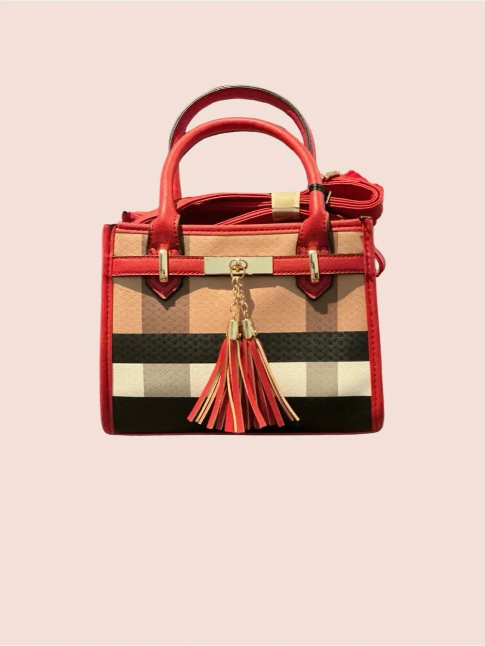 Red Plaid Tassel Satchel Handbag - Women